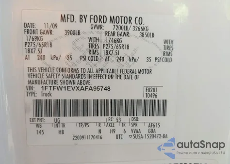 2010 Ford F-150 Fx4/Harley-Davidson/King Ranch/Lariat/Platinum/Xl/Xlt from USA, damaged, VIN 1FTFW1EVXAFA95748